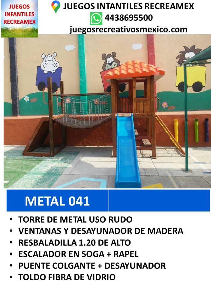 modulo de metal con puente colgante, desayunador, resbaladilla, rapelito